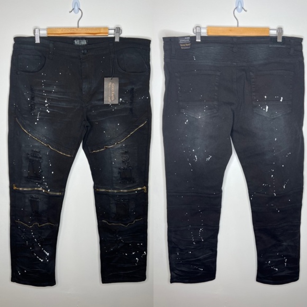 NEW Grey Earth paint splatter moto zipper skinny jeans 42